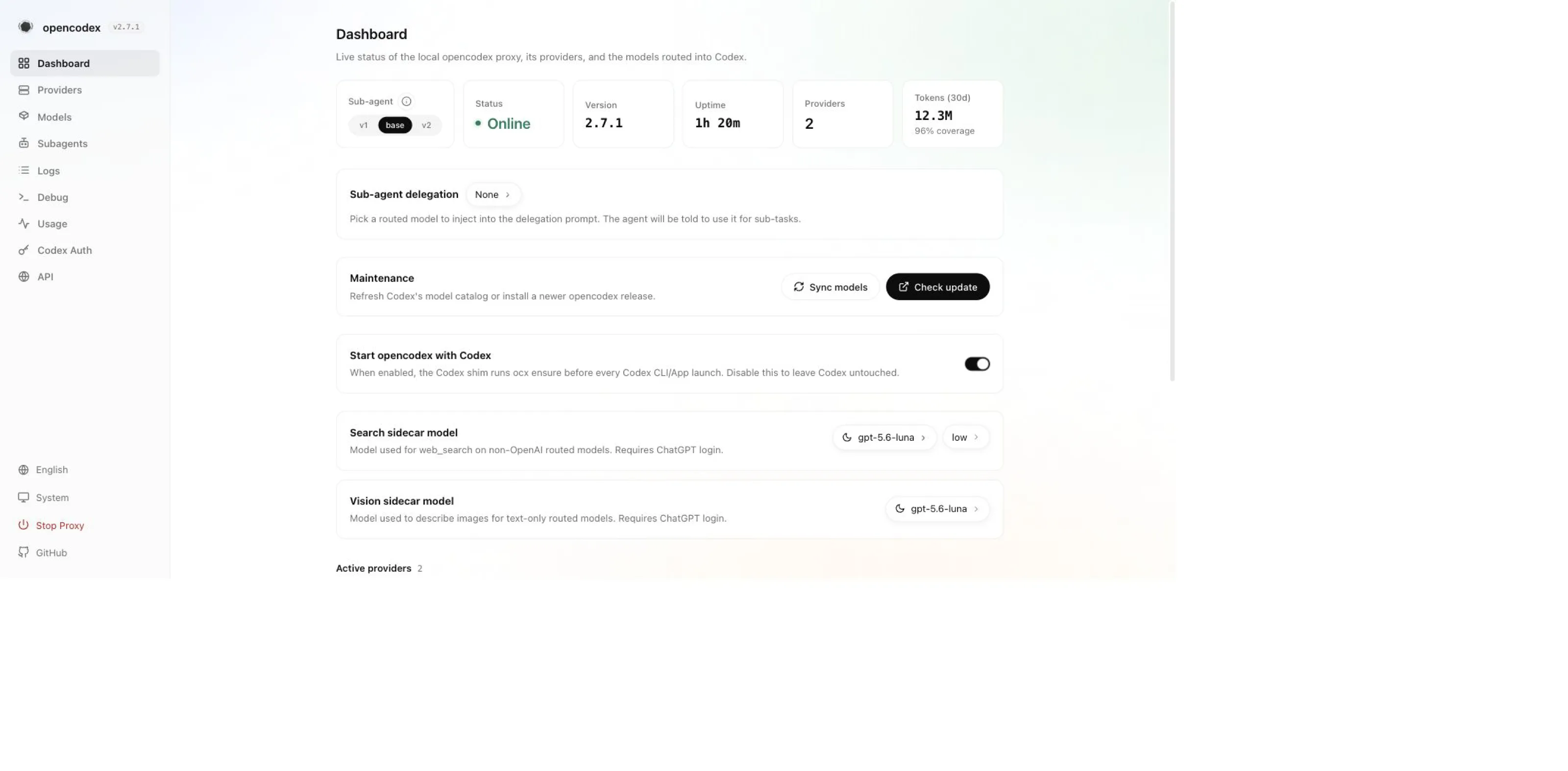 The opencodex dashboard — live proxy status, routed providers, and available models